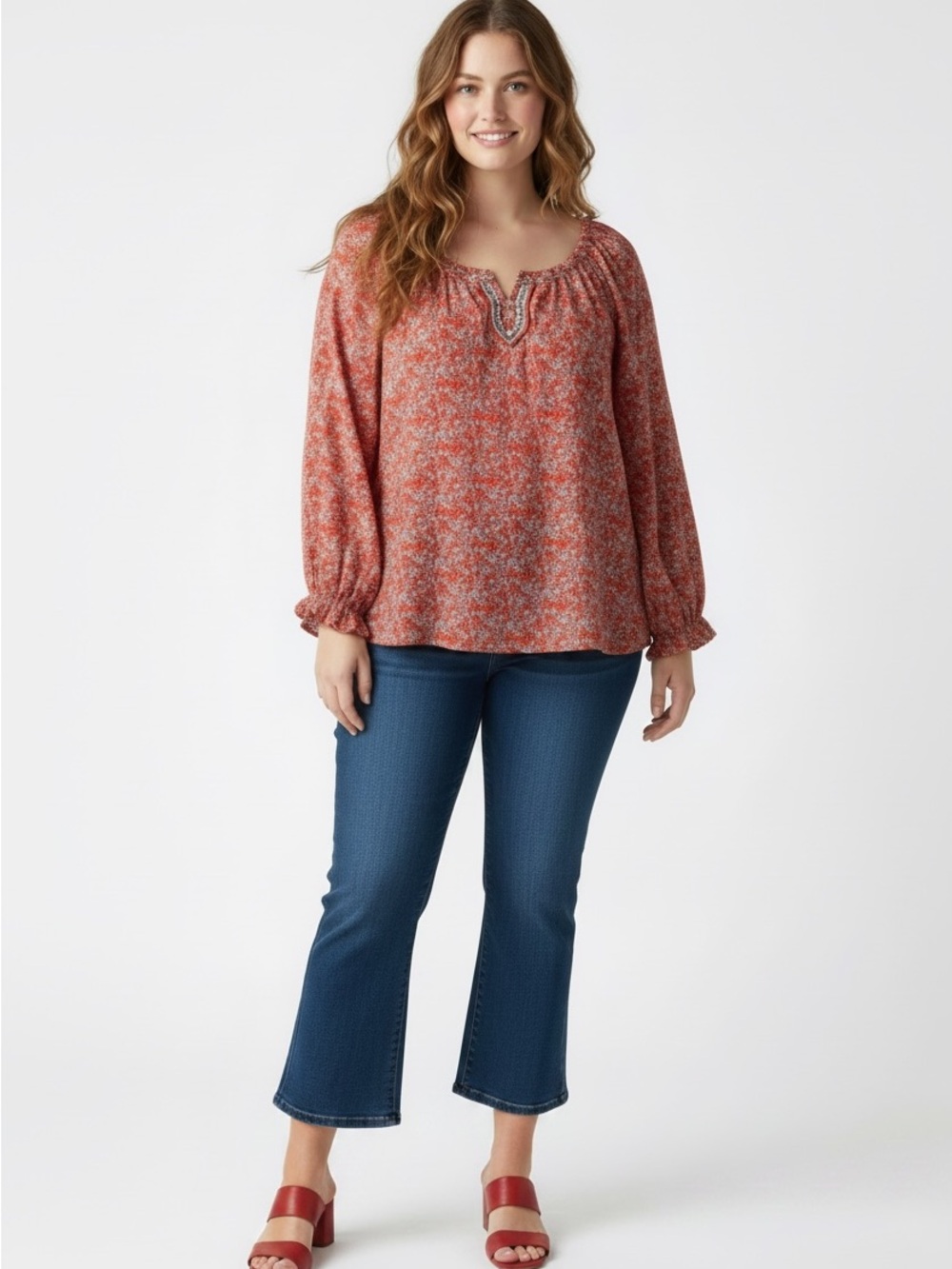 Max Studio Red Floral Peasant Blouse